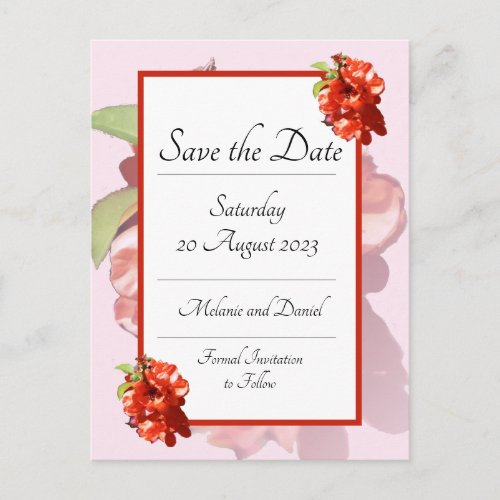 Red and Pink Quince Flower Save the Date Postcard