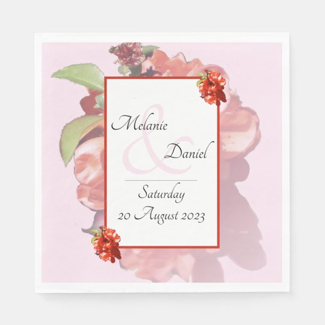 Red and Pink Quince Flowery Wedding Napkins (Front)