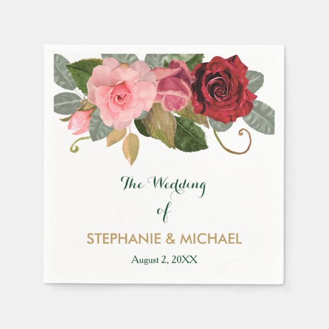 Red and Pink Rose Border Wedding Napkins (Front)