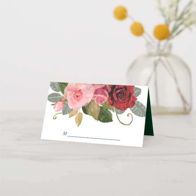 Red and Pink Rose Border Wedding Place Card (Front)