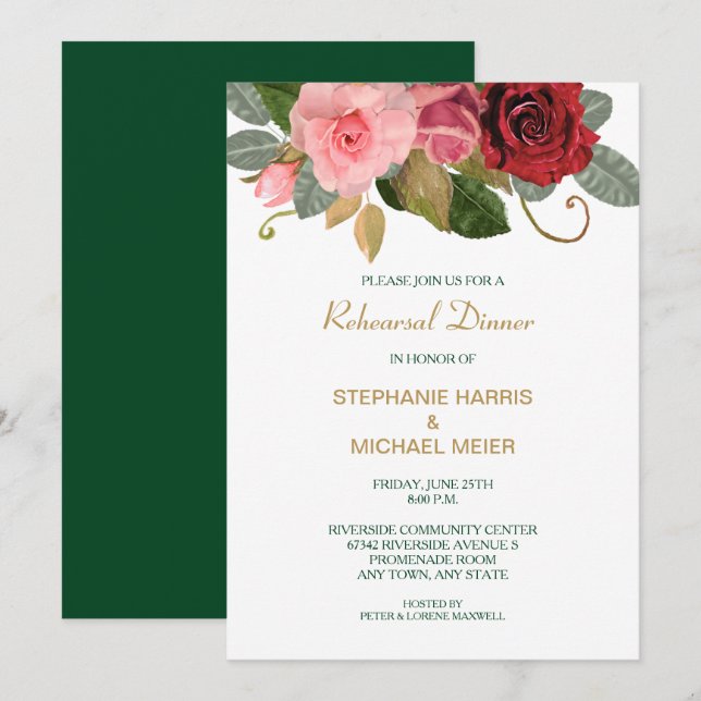 Red and Pink Rose Border Wedding Rehearsal Dinner Invitation (Front/Back)
