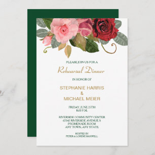 Red and Pink Rose Border Wedding Rehearsal Dinner Invitation