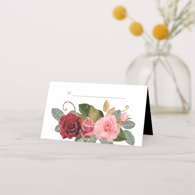 Red and Pink Rose Bouquet Wedding Place Card (Front)