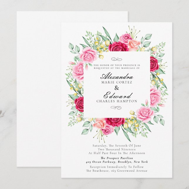 Red and Pink Rose, Garden Wedding Invitation (Front/Back)