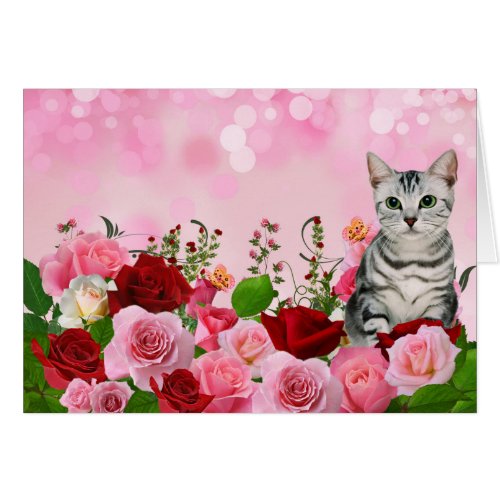 Red and Pink Rose Garden with Tabby Cat Blank