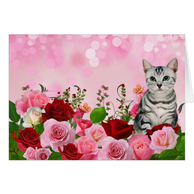 Red and Pink Rose Garden with Tabby Cat Blank Cards (Front Horizontal)