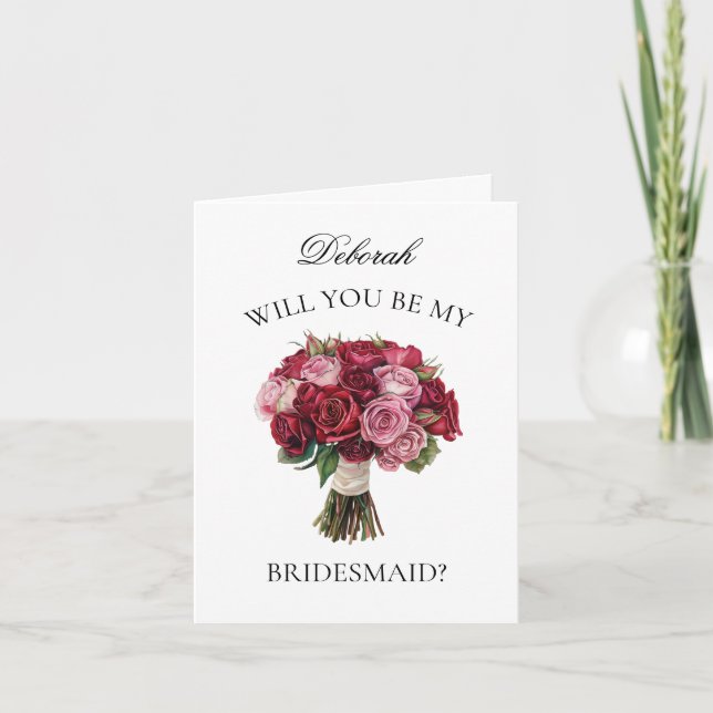 Red and Pink Roses Bouquet Bridesmaid Proposal Invitation (Front)
