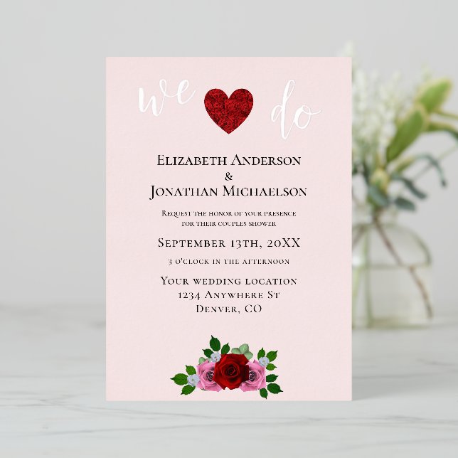 Red and Pink Roses Couples Shower Foil Invitation (Standing Front)