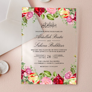 Red and Pink Roses Floral Muslim Wedding Acrylic Invitations