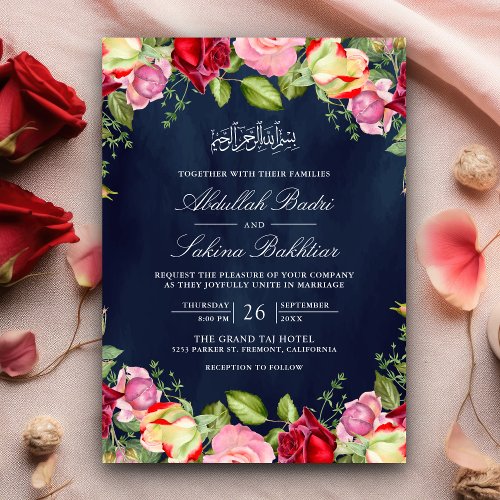 Red and Pink Roses Floral Navy Blue Muslim Wedding Invitation