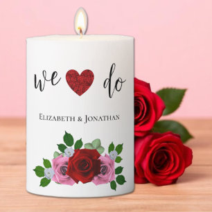 Red and Pink Roses Wedding Pillar Candle