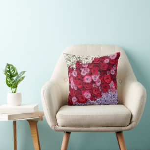 Red and Pink Roses with Colorful Gypsophila Throw Pillow