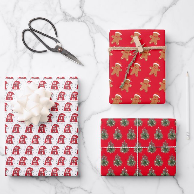 Red and Pink Santa Claus Christmas Wrapping Paper Sheets (Front)