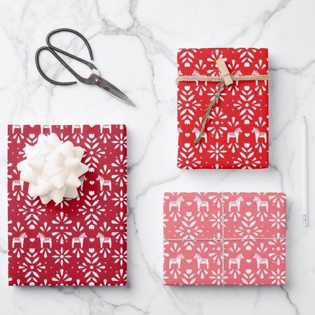 Red and Pink Scandinavian Dala Horse Holiday Wrapping Paper Sheets (Front)