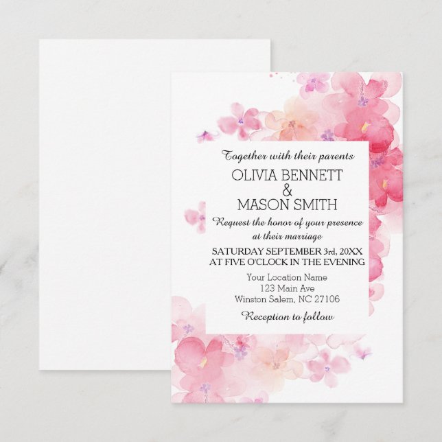 Red and Pink Simple Floral Watercolor Wedding Invitation (Front/Back)