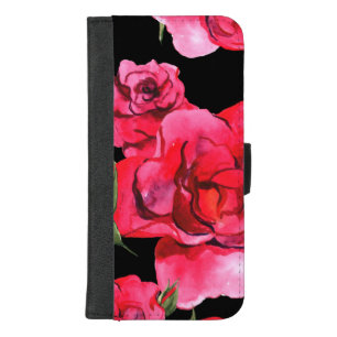 Red and Pink Soft Watercolor Roses on Black iPhone 8/7 Plus Wallet Case