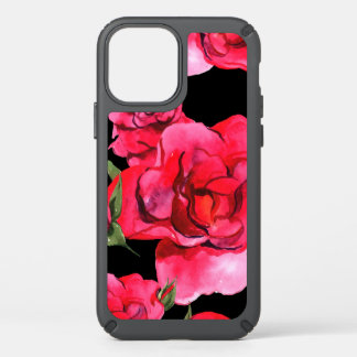 Red and Pink Soft Watercolor Roses on Black Speck iPhone 12 Case