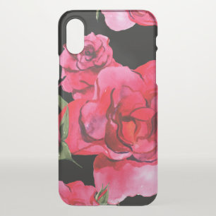 Red and Pink Soft Watercolor Roses on Black iPhone X Case