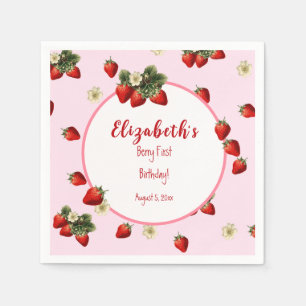 Red and Pink Strawberry First Baby Girl Birthday Napkins