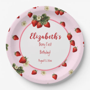 Red and Pink Strawberry First Baby Girl Birthday Paper Plates