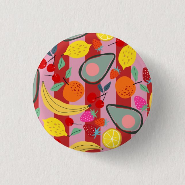 Red and pink stripe fruit pattern  button (Front)