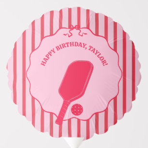 Red and Pink Striped Pickleball Birthday Party Balloon