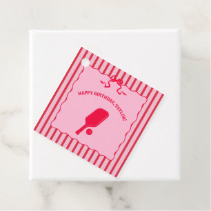 Red and Pink Striped Pickleball Birthday Party Favor Tags