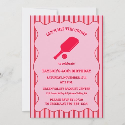 Red and Pink Striped Pickleball Birthday Party Invitation