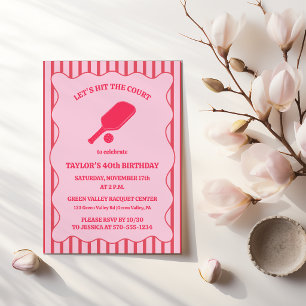 Red and Pink Striped Pickleball Birthday Party Invitation