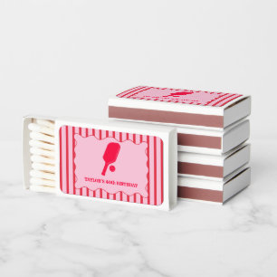 Red and Pink Striped Pickleball Birthday Party Matchboxes