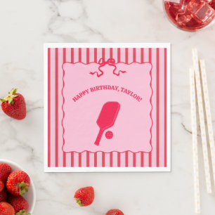 Red and Pink Striped Pickleball Birthday Party Napkins
