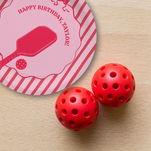 Red and Pink Striped Pickleball Birthday Party Paper Plates