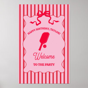 Red and Pink Striped Pickleball Birthday Party Poster