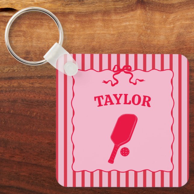 Red and Pink Striped Pickleball Personalized Keychain (Front)
