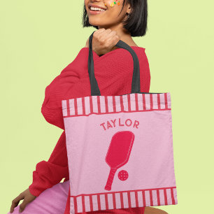 Red and Pink Stripes Pickleball Personalized Tote Bag