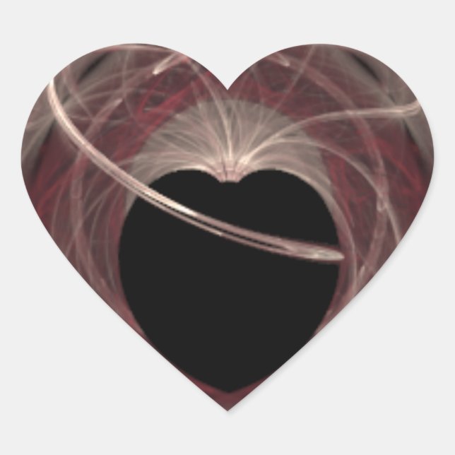 Red and Pink Swirled Fractal Art Black  Heart Sticker (Front)
