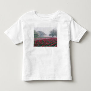 Red and pink tulips greet the day on a misty toddler t-shirt