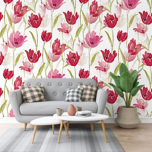 Red And Pink Tulips Watercolor Floral Art Pattern Wallpaper