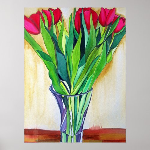 Red and Pink tulips watercolor flowers art Poster