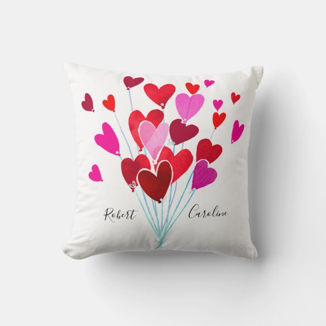 Red and Pink Valentine Hearts Add Names Monogram Throw Pillow (Front)