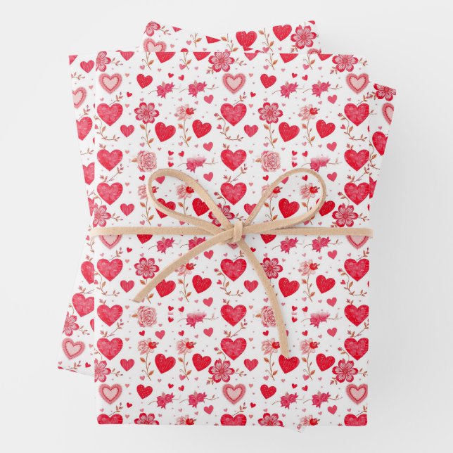 Red and Pink Valentine Hearts and Flowers Wrapping Paper Sheets (In situ)