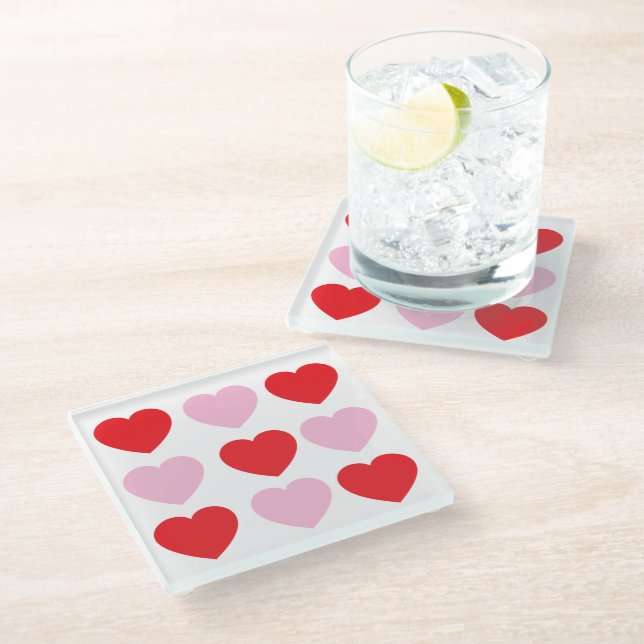 Red and Pink Valentines Day Hearts Glass Coaster (Angled)