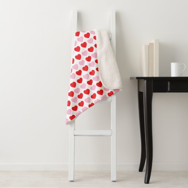 Red and Pink Valentines Day Hearts Sherpa Blanket (In Situ)