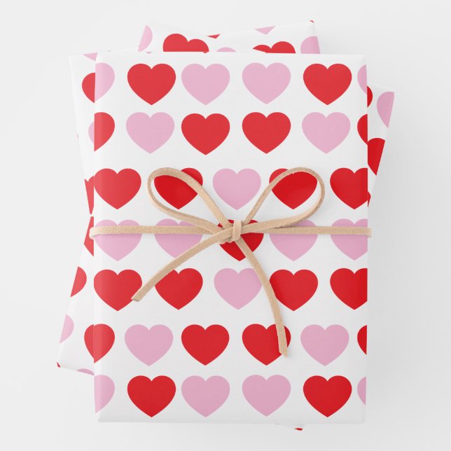 Red and Pink Valentines Day Hearts Wrapping Paper Sheets (In situ)