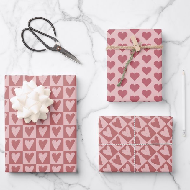 Red and Pink Valentines Hearts Pattern Wrapping Paper Sheets (Front)