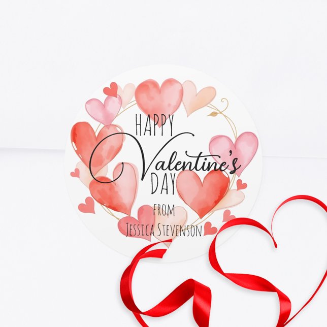 Red and Pink Watercolor Hearts Valentine's Day Classic Round Sticker (Creator Uploaded)