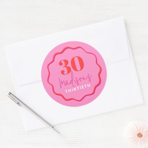 Red and Pink Wave Border 30th Birthday Classic Round Sticker