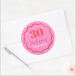 Red and Pink Wave Border 30th Birthday Classic Round Sticker<br><div class="desc">Make your 30th birthday bash extra special with our red and pink wave border round stickers! These fun stickers feature a squiggly border in pink and red, adding a touch of playfulness to your party decorations. Perfect for party favors, these stickers can be used to personalize thank you notes, party...</div>
