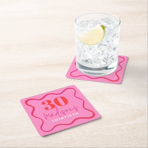 Red and Pink Wave Border 30th Birthday Square Paper Coaster