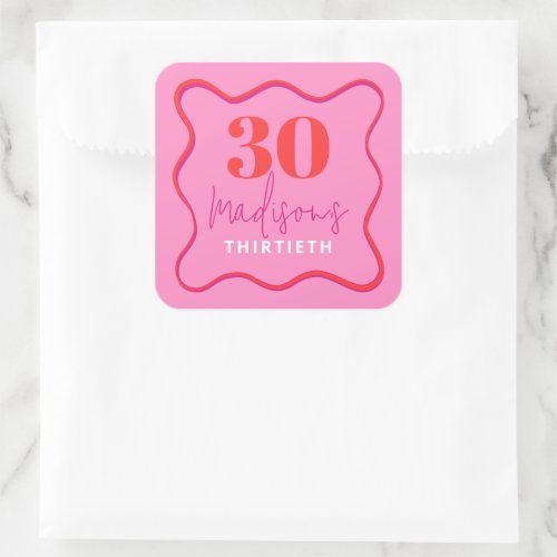 Red and Pink Wave Border 30th Birthday Square Sticker